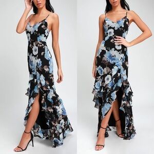 Lulus Artwin Black Floral Print Ruffled High-Low Maxi Dress size Medium